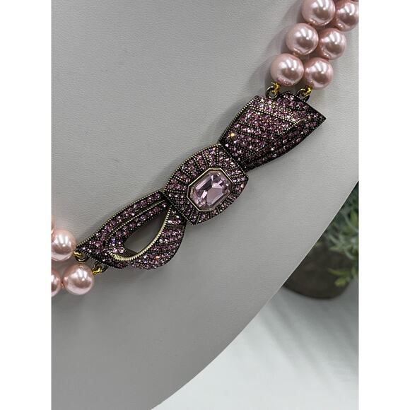 Heidi Daus "Beaux Arts" Pink Pave Crystal Bow Pearl Beaded Two Strand Necklace - Picture 4 of 15
